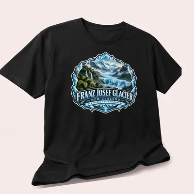 Vintage badge design of Franz Josef Glacier in blue, green, and white — printed on a unisex t-shirt (angled view)