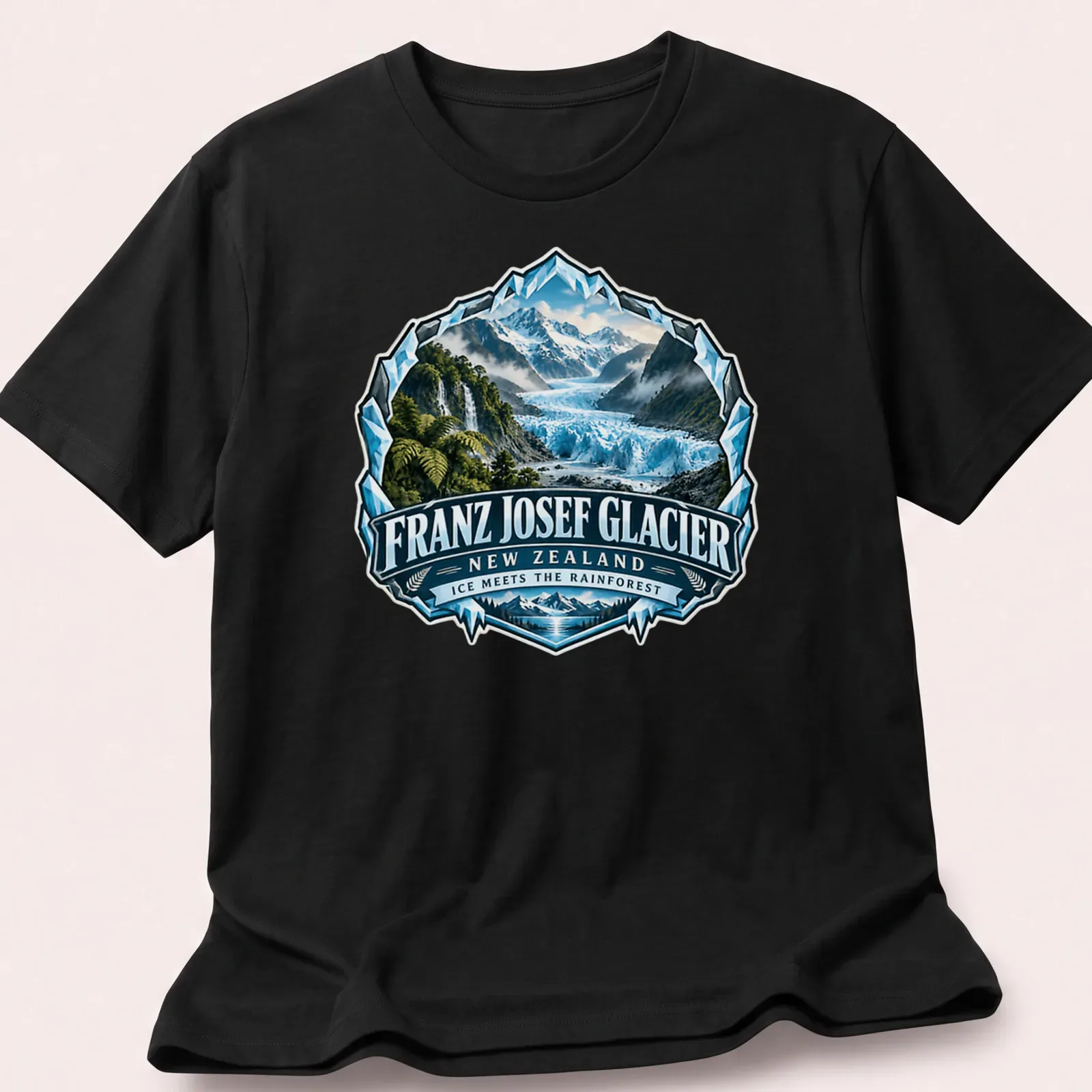 Vintage badge design of Franz Josef Glacier in blue, green, and white — printed on a unisex t-shirt