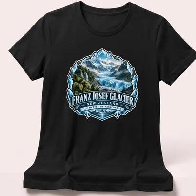 Vintage badge design of Franz Josef Glacier in blue, green, and white — printed on a women's shirt