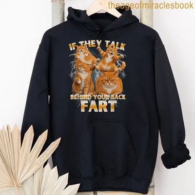 Humorous cat-themed t-shirt featuring an orange cat and a funny saying. — printed on a unisex hoodie