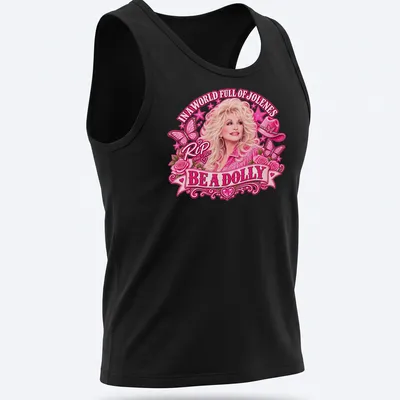 Colorful tribute to Dolly Parton with whimsical lettering and floral elements. — printed on a tank top