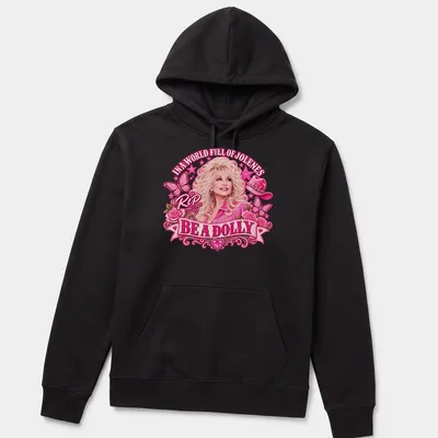 Colorful tribute to Dolly Parton with whimsical lettering and floral elements. — printed on a unisex hoodie