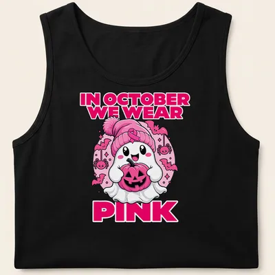 Kawaii ghost holding a pumpkin with the text 'In October We Wear Pink' — printed on a tank top