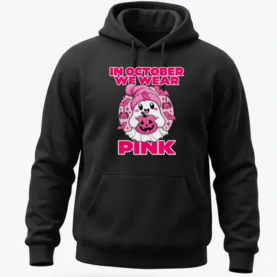 Kawaii ghost holding a pumpkin with the text 'In October We Wear Pink' — printed on a unisex hoodie