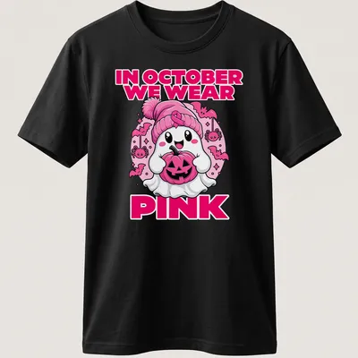 Kawaii ghost holding a pumpkin with the text 'In October We Wear Pink' — printed on a unisex t-shirt