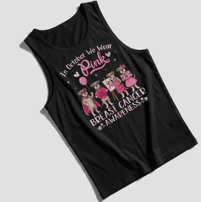 Kawaii illustration of a Schnauzer dog with pink awareness text about breast cancer — printed on a tank top