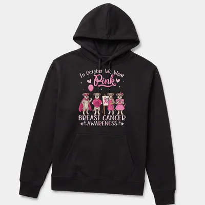 Kawaii illustration of a Schnauzer dog with pink awareness text about breast cancer — printed on a unisex hoodie