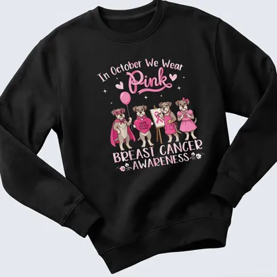 Kawaii illustration of a Schnauzer dog with pink awareness text about breast cancer — printed on a unisex sweatshirt