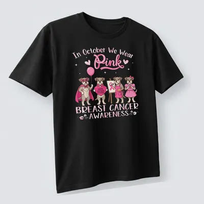 Kawaii illustration of a Schnauzer dog with pink awareness text about breast cancer — printed on a unisex t-shirt (angled view)