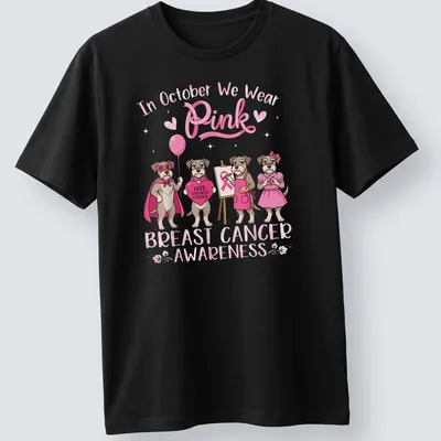 Kawaii illustration of a Schnauzer dog with pink awareness text about breast cancer — printed on a unisex t-shirt