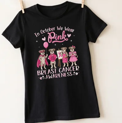 Kawaii illustration of a Schnauzer dog with pink awareness text about breast cancer — printed on a women's shirt