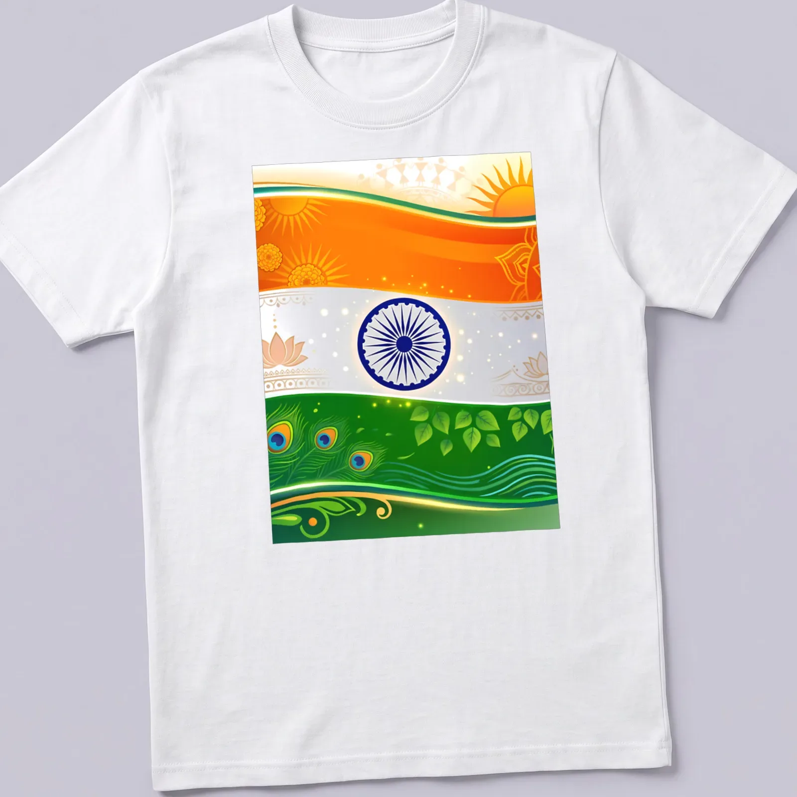 Vibrant doodle illustration of the Indian flag and cultural elements — printed on a unisex t-shirt
