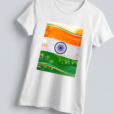 Vibrant doodle illustration of the Indian flag and cultural elements — printed on a women's shirt