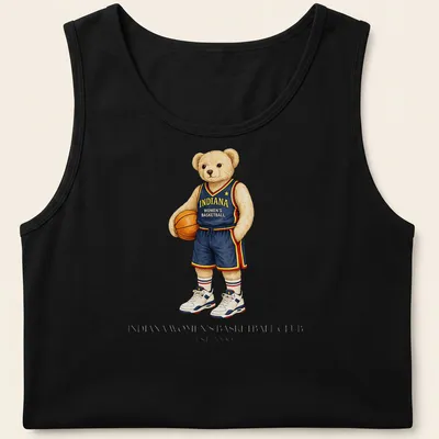 Realistic illustration of a bear playing basketball, with team text. — printed on a tank top