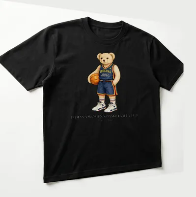 Realistic illustration of a bear playing basketball, with team text. — printed on a unisex t-shirt (angled view)