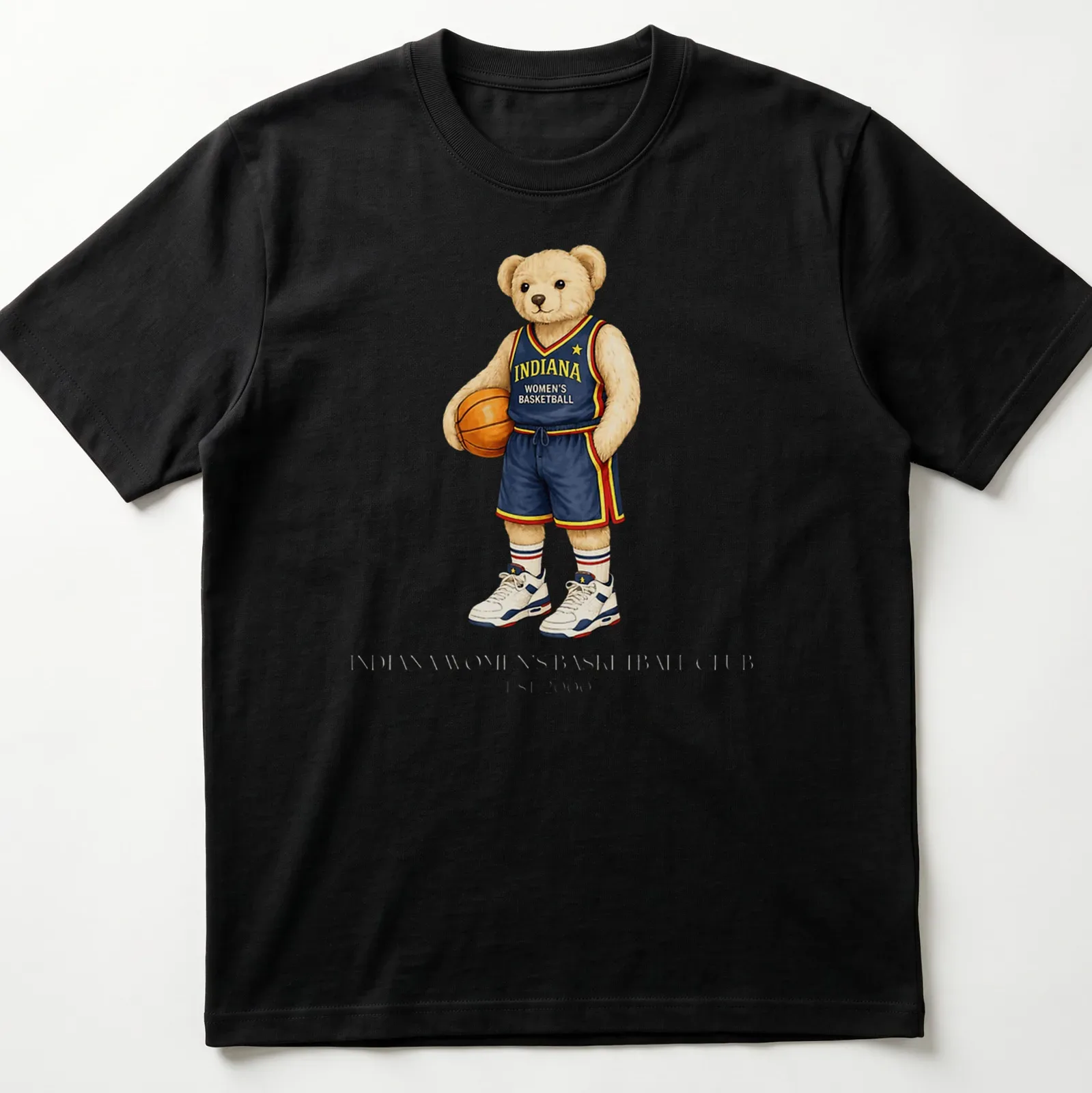 Realistic illustration of a bear playing basketball, with team text. — printed on a unisex t-shirt