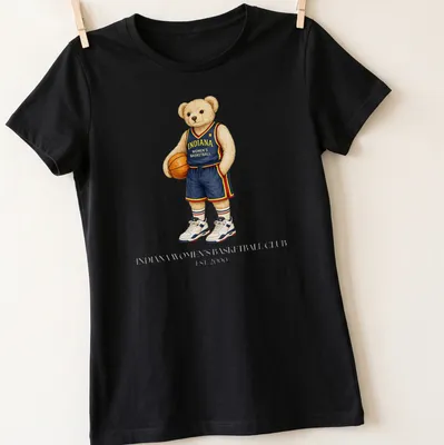 Realistic illustration of a bear playing basketball, with team text. — printed on a women's shirt