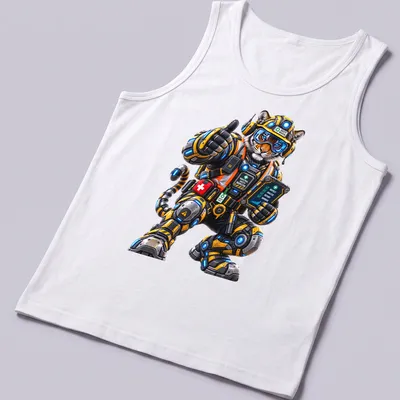 Mechanical tiger design with industrial safety text in yellow, black, and blue — printed on a tank top