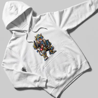 Mechanical tiger design with industrial safety text in yellow, black, and blue — printed on a unisex hoodie