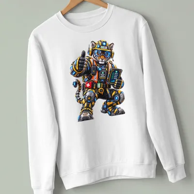 Mechanical tiger design with industrial safety text in yellow, black, and blue — printed on a unisex sweatshirt