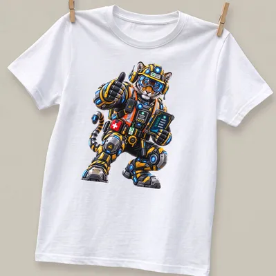 Mechanical tiger design with industrial safety text in yellow, black, and blue
