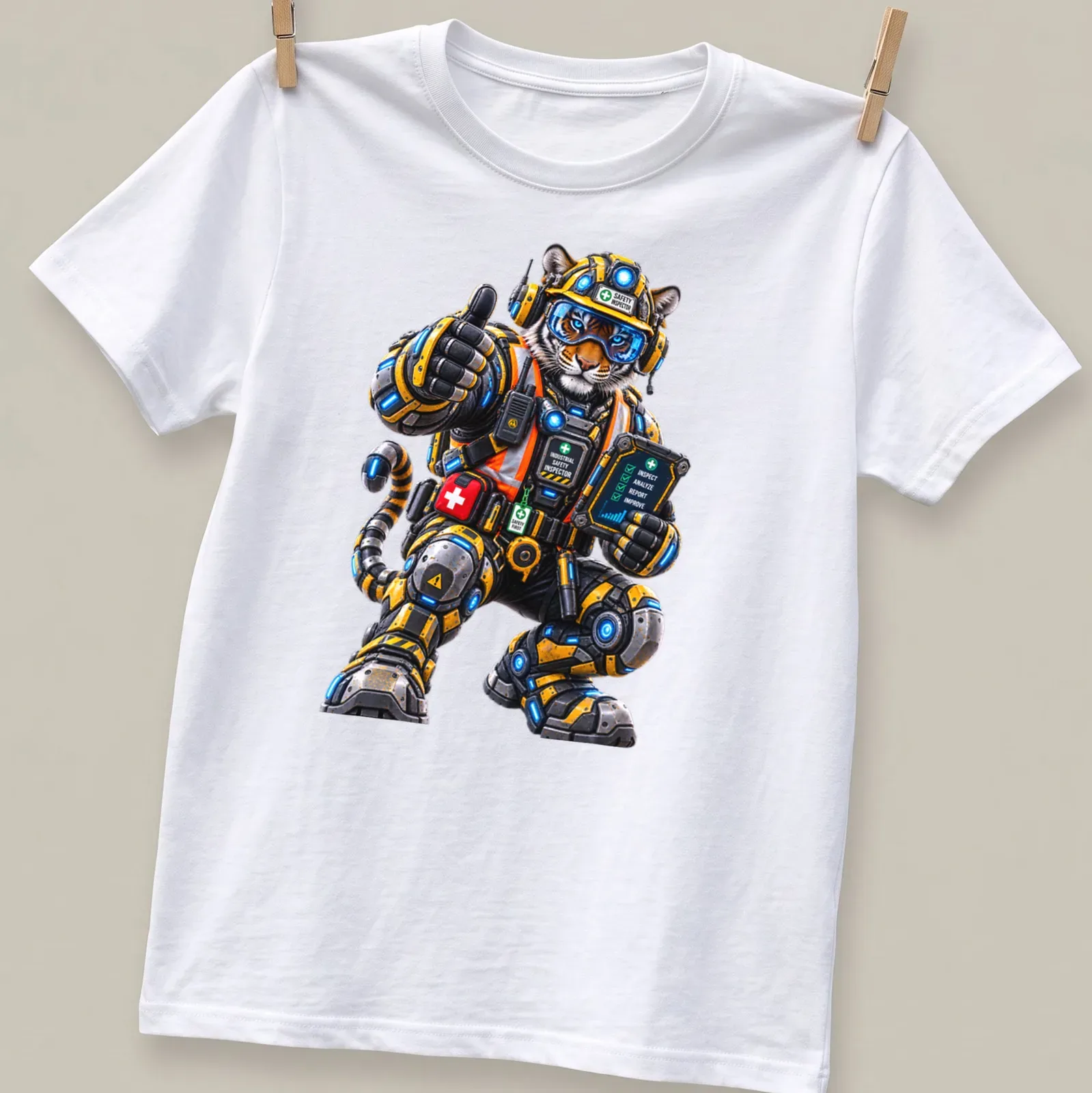 Mechanical tiger design with industrial safety text in yellow, black, and blue — printed on a unisex t-shirt