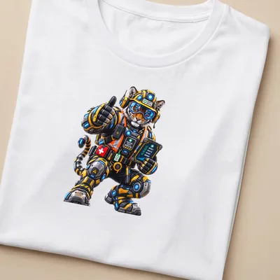 Mechanical tiger design with industrial safety text in yellow, black, and blue — printed on a women's shirt
