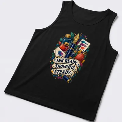 Colorful fountain pen and ink supplies with vibrant illustrative design — printed on a tank top