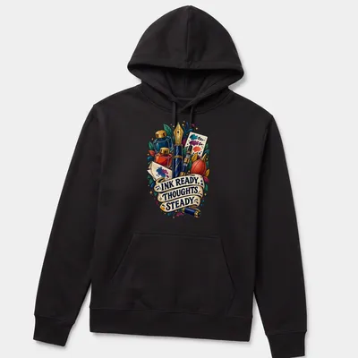 Colorful fountain pen and ink supplies with vibrant illustrative design — printed on a unisex hoodie