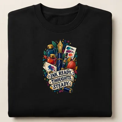 Colorful fountain pen and ink supplies with vibrant illustrative design — printed on a unisex sweatshirt