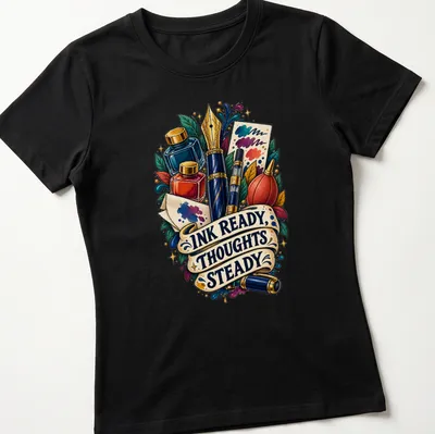 Colorful fountain pen and ink supplies with vibrant illustrative design — printed on a women's shirt