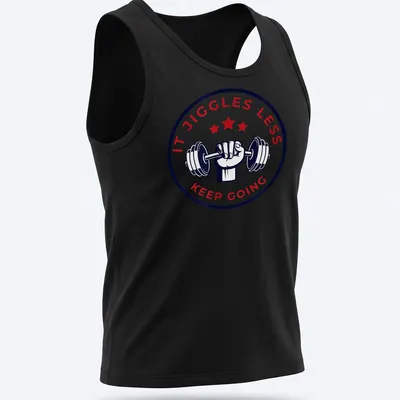 Bold fitness tee with motivational text and dumbbell graphic in red, navy, and white — printed on a tank top