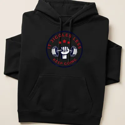 Bold fitness tee with motivational text and dumbbell graphic in red, navy, and white — printed on a unisex hoodie