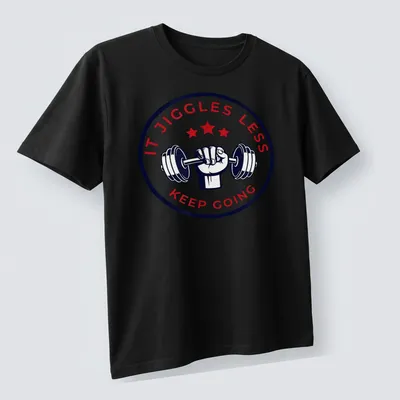 Bold fitness tee with motivational text and dumbbell graphic in red, navy, and white — printed on a unisex t-shirt (angled view)