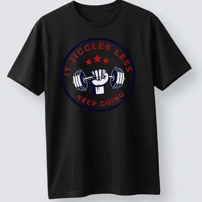 Bold fitness tee with motivational text and dumbbell graphic in red, navy, and white — printed on a unisex t-shirt