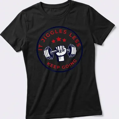 Bold fitness tee with motivational text and dumbbell graphic in red, navy, and white — printed on a women's shirt