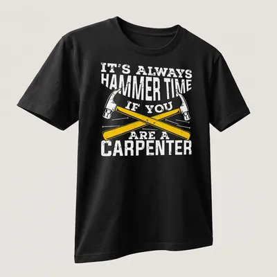 Vintage distressed T-shirt featuring crossed hammers and the text 'It's Always Hammer Time' — printed on a unisex t-shirt (angled view)
