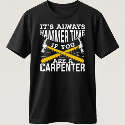Vintage distressed T-shirt featuring crossed hammers and the text 'It's Always Hammer Time' — printed on a unisex t-shirt