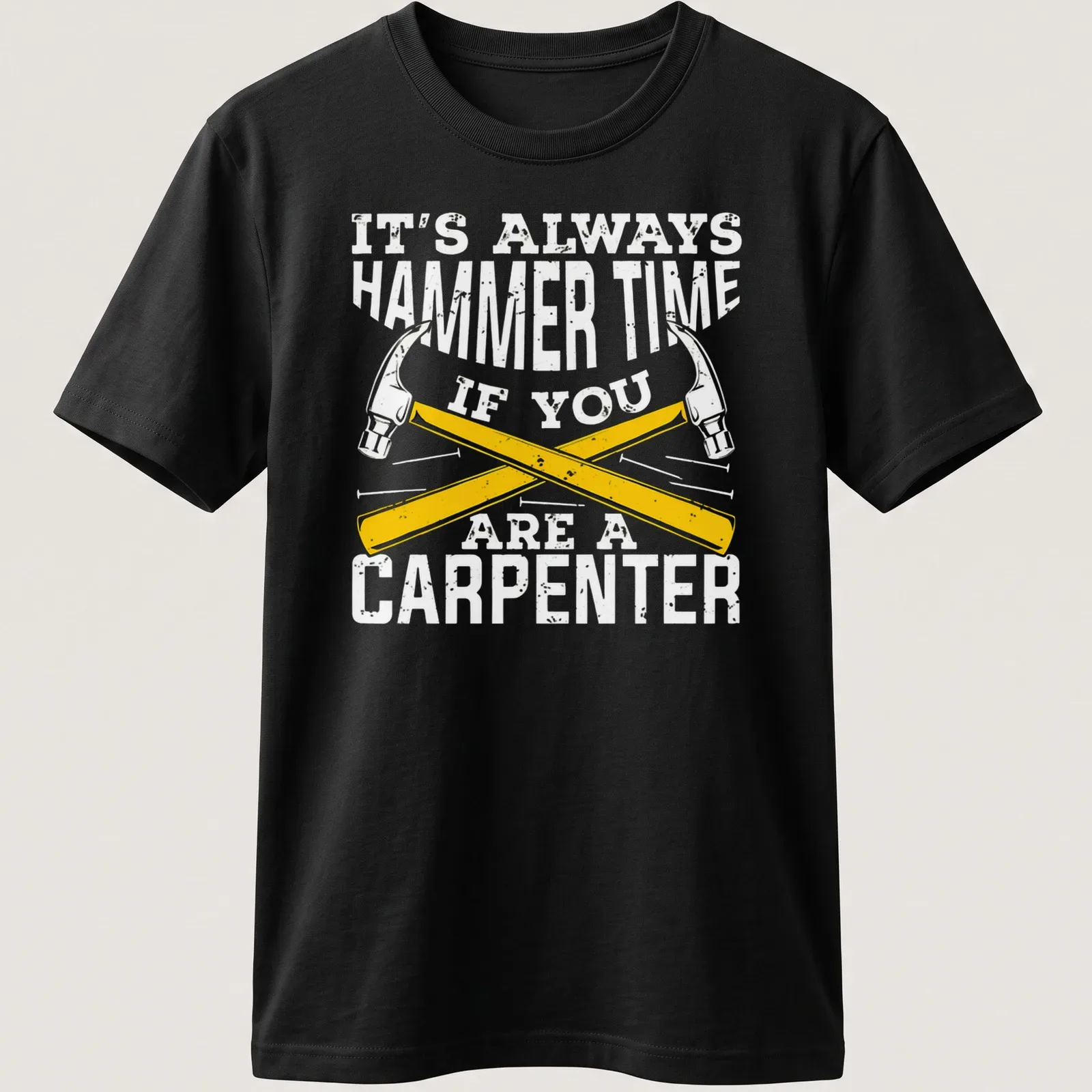 Vintage distressed T-shirt featuring crossed hammers and the text 'It's Always Hammer Time' — printed on a unisex t-shirt
