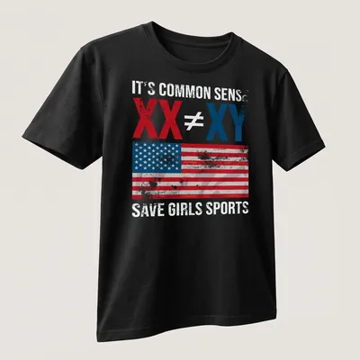 Distressed graphic tee featuring an American flag and bold text on girls' sports — printed on a unisex t-shirt (angled view)