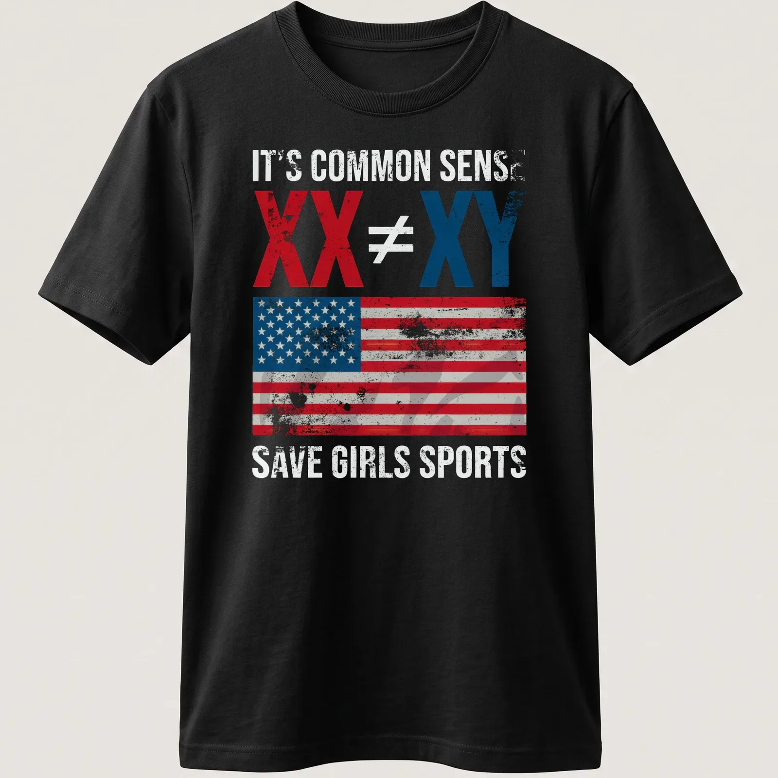 Distressed graphic tee featuring an American flag and bold text on girls' sports — printed on a unisex t-shirt