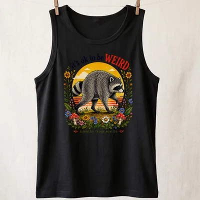 Vintage illustrated Raccoon Jimothy t-shirt with colorful text — printed on a tank top