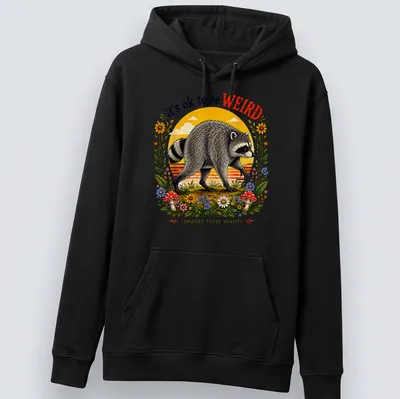 Vintage illustrated Raccoon Jimothy t-shirt with colorful text — printed on a unisex hoodie