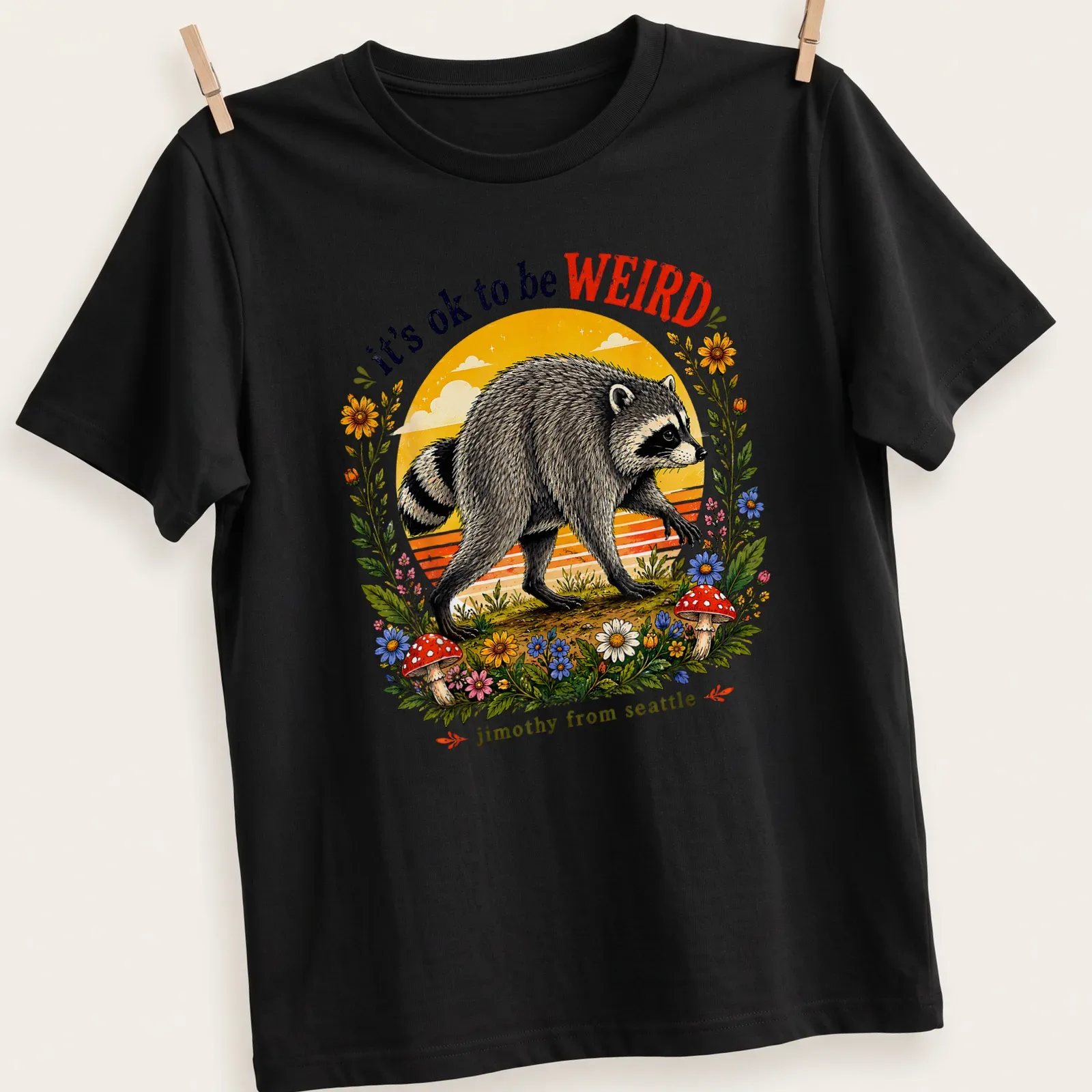 Vintage illustrated Raccoon Jimothy t-shirt with colorful text — printed on a unisex t-shirt