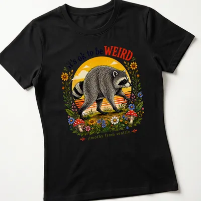 Vintage illustrated Raccoon Jimothy t-shirt with colorful text — printed on a women's shirt