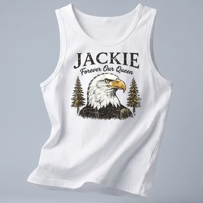 Vintage distressed t-shirt featuring a bald eagle with the text Jackie Forever Our Queen — printed on a tank top