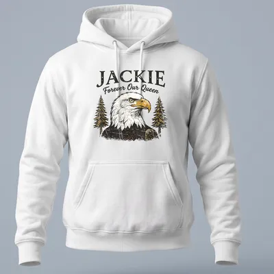 Vintage distressed t-shirt featuring a bald eagle with the text Jackie Forever Our Queen — printed on a unisex hoodie