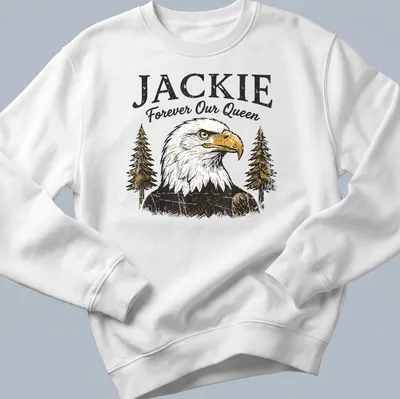 Vintage distressed t-shirt featuring a bald eagle with the text Jackie Forever Our Queen — printed on a unisex sweatshirt