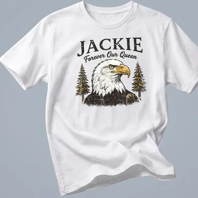 Vintage distressed t-shirt featuring a bald eagle with the text Jackie Forever Our Queen — printed on a unisex t-shirt