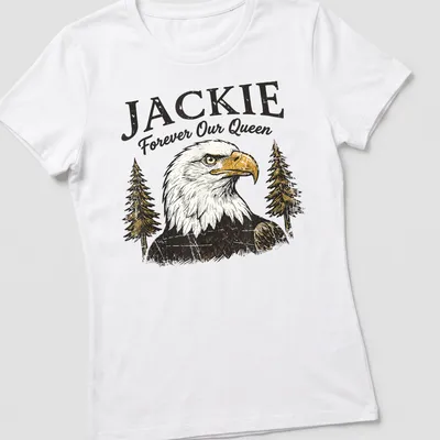 Vintage distressed t-shirt featuring a bald eagle with the text Jackie Forever Our Queen — printed on a women's shirt